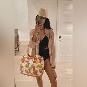 Solea Vintage Mod Polka Dot Wood Handle Velcro Beach Bag Tote Made in India